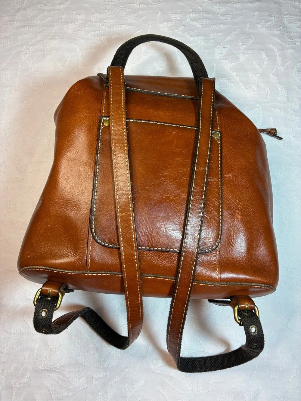 Patricia Nash Cognac Leather Drawstring Backpack with Flap 16inx15in